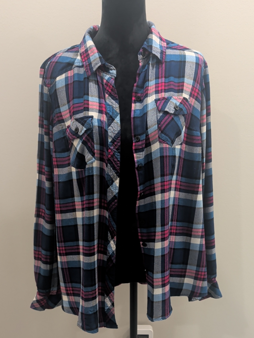 Torrid Navy Pink White Plaid Twill Camp Button-Down Shirt